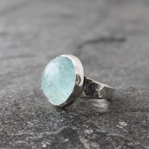 Blue Moon Aquamarine Ring with Hammered Sterling Silver Band,  US Size 8