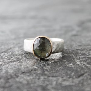 Rustic Blue Tourmaline Ring with 14K Gold and Hammered Sterling Silver, US Size 8.75