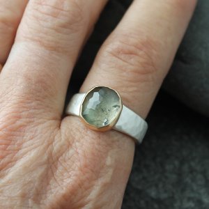 Rustic Blue Tourmaline Ring with 14K Gold and Hammered Sterling Silver, US Size 8.75