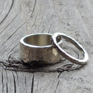 Hammered Sterling Silver Wedding Band Set, 2mm and 10mm Wide Rings