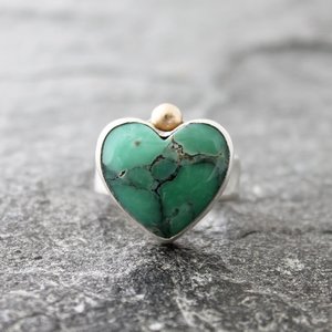 Desert Bloom Variscite Heart Ring with 14K Gold and Sterling Silver, US size 8