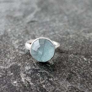 Aquamarine Statement Ring with Hammered Sterling Silver Band, US size 5.75