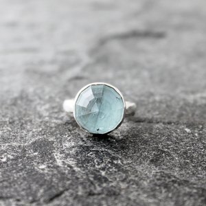 Aquamarine Statement Ring with Hammered Sterling Silver Band, US size 5.75