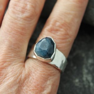 Dark Blue Tourmaline Ring with Sterling Silver, US Size 8