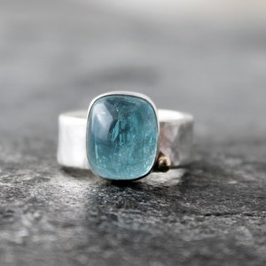 Aquamarine Ring with Hammered Sterling Silver Band and 14k Gold, US size 8