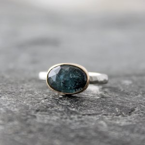 Teal Blue Kyanite Ring with 14K Gold and Hammered Sterling Silver Band, US Size 8