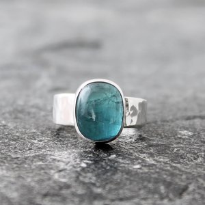 Blue Tourmaline Ring with Hammered Sterling Silver Band, US Size 7, Ready to Ship