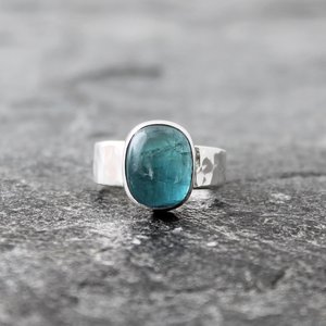 Blue Tourmaline Ring with Hammered Sterling Silver Band, US Size 7, Ready to Ship