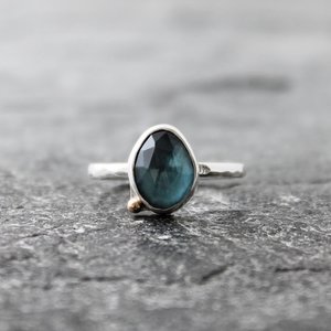 London Topaz Ring with 14k Gold and Hammered Sterling Silver Band, Alternative Engagement Ring, US Size 8