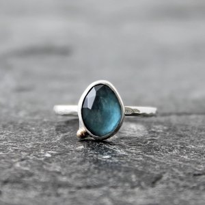 London Topaz Ring with 14k Gold and Hammered Sterling Silver Band, Alternative Engagement Ring, US Size 8