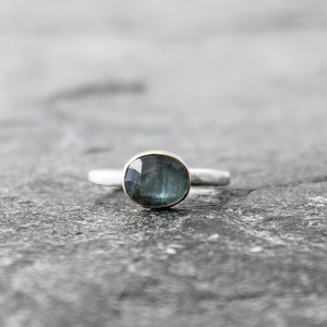 Light Blue Kyanite Ring with 14K Gold and Hammered Sterling Silver Band, US Size 6.25-6.5