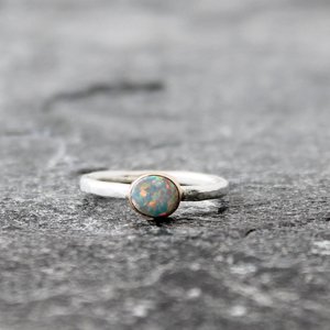 Australian Lightning Ridge Opal Ring with Hammered Sterling Silver Band and 14K Yellow Gold, US Size 5.75