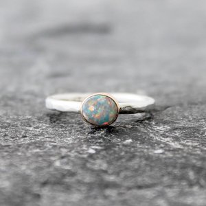 Australian Lightning Ridge Opal Ring with Hammered Sterling Silver Band and 14K Yellow Gold, US Size 5.75