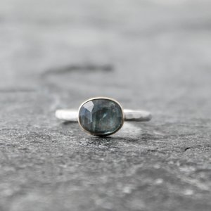 Light Blue Kyanite Ring with 14K Gold and Hammered Sterling Silver Band, US Size 6.25-6.5