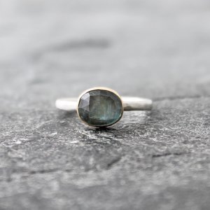 Light Blue Kyanite Ring with 14K Gold and Hammered Sterling Silver Band, US Size 6.25-6.5