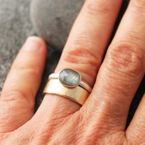 Light Blue Kyanite Ring with 14K Gold and Hammered Sterling Silver Band, US Size 6.25-6.5