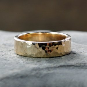 Hammered 14K Gold Wedding Band, 6mm Wide by 2mm Thick