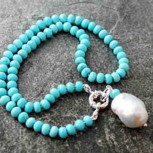 Sleeping Beauty Turquoise Hand Knotted Necklace with Flameball Pearl
