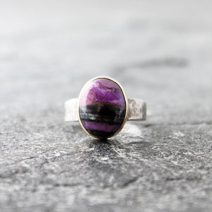 Sugilite Ring with Gold and Oxidized Silver, US Size 7.75