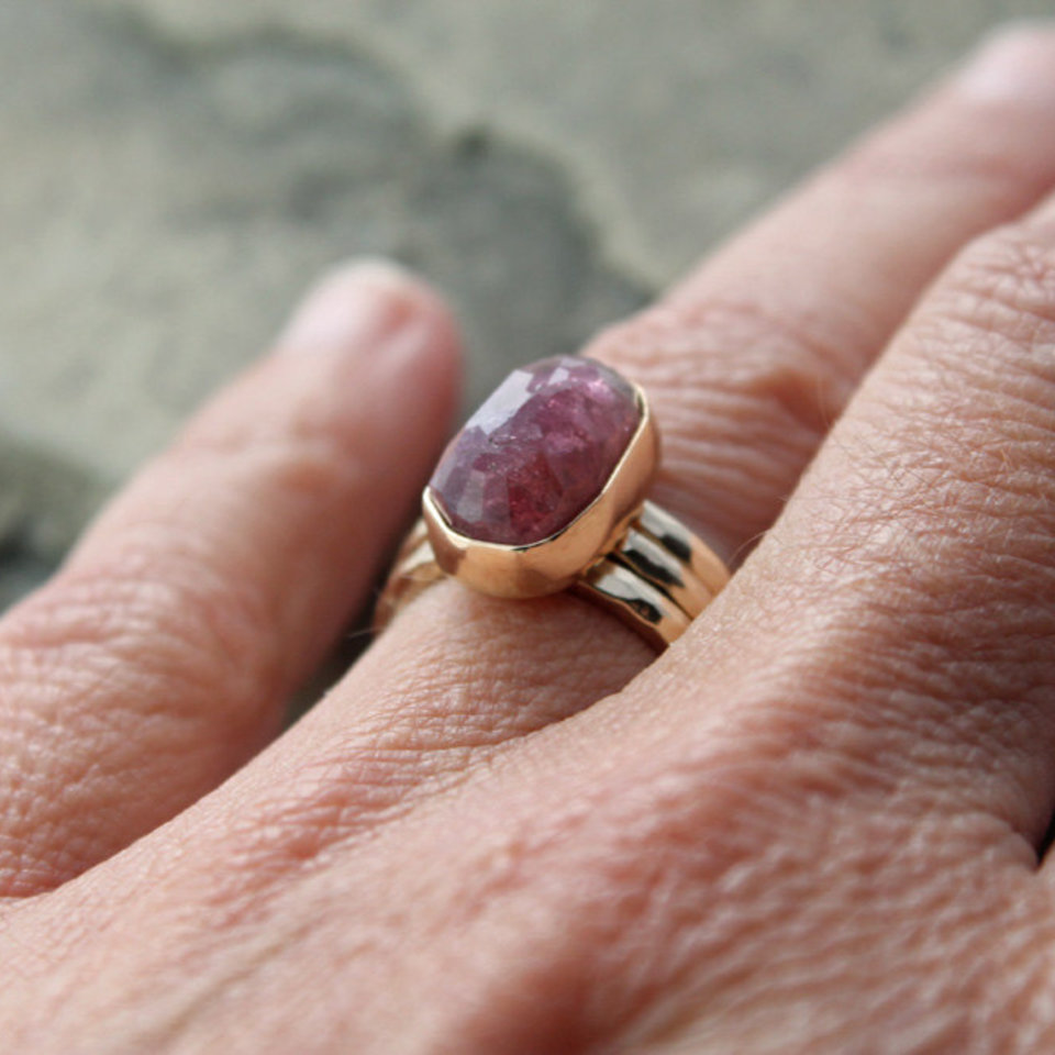 Red Watermelon Tourmaline Ring with 14K Gold, US Size 6