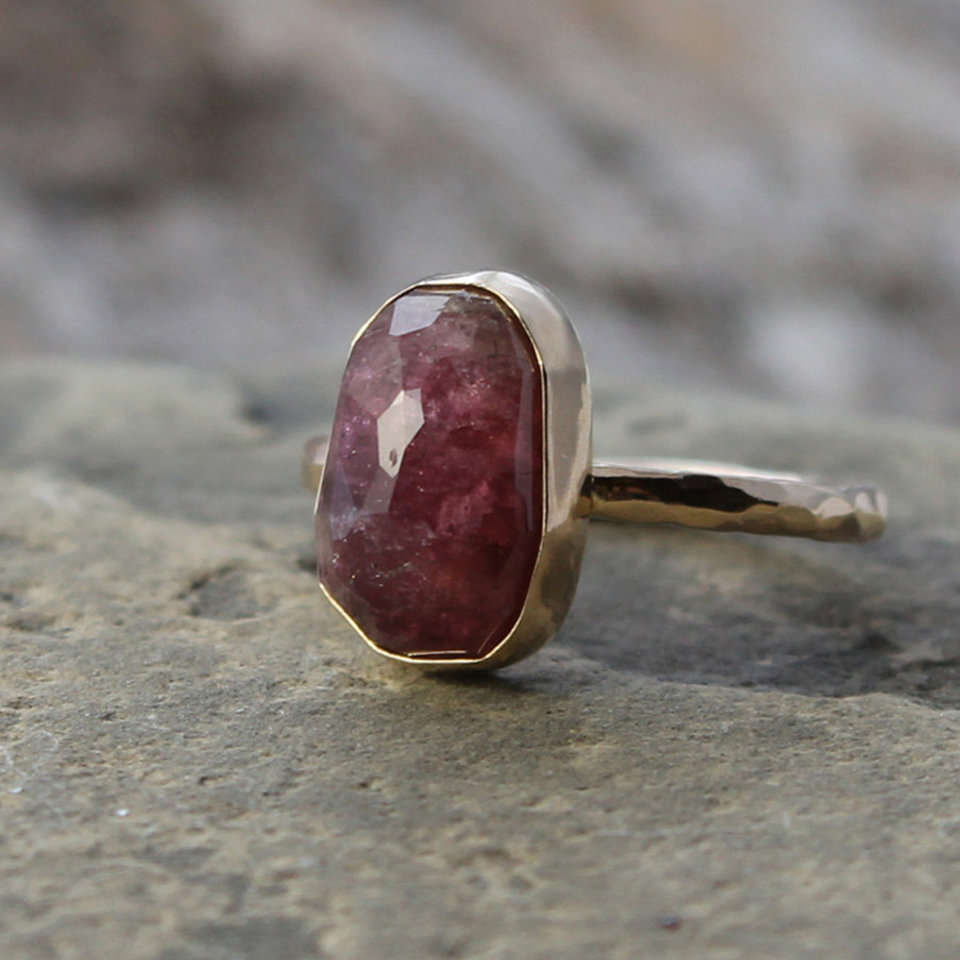 rose cut red tourmaline & 14k gold ring