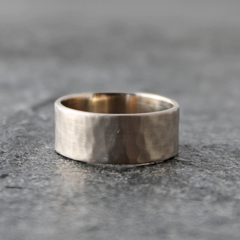 Hammered 14K Palladium White Gold Wedding Band - Matte Brushed Finish