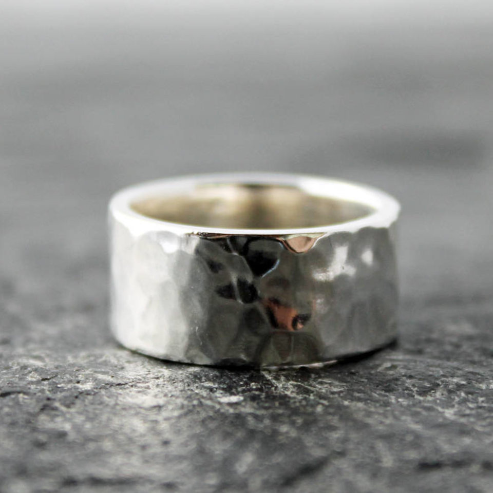 10mm Wide Hammered Sterling Silver Wedding Band