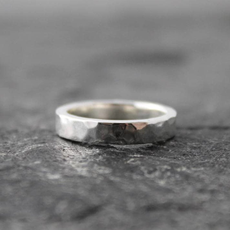 Artisan Hammered Sterling Silver Wedding Band - 4mm Wide