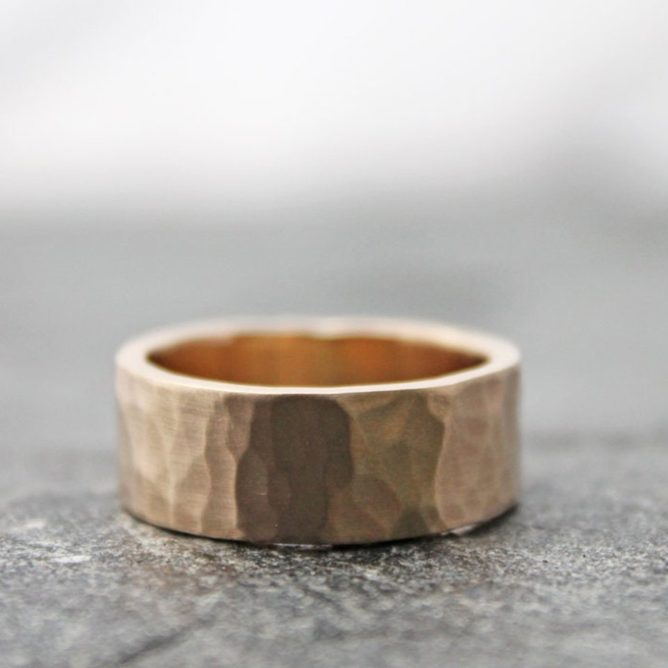 Hammered 14K Gold Wedding Band, 8mm Wide by 2mm Thick