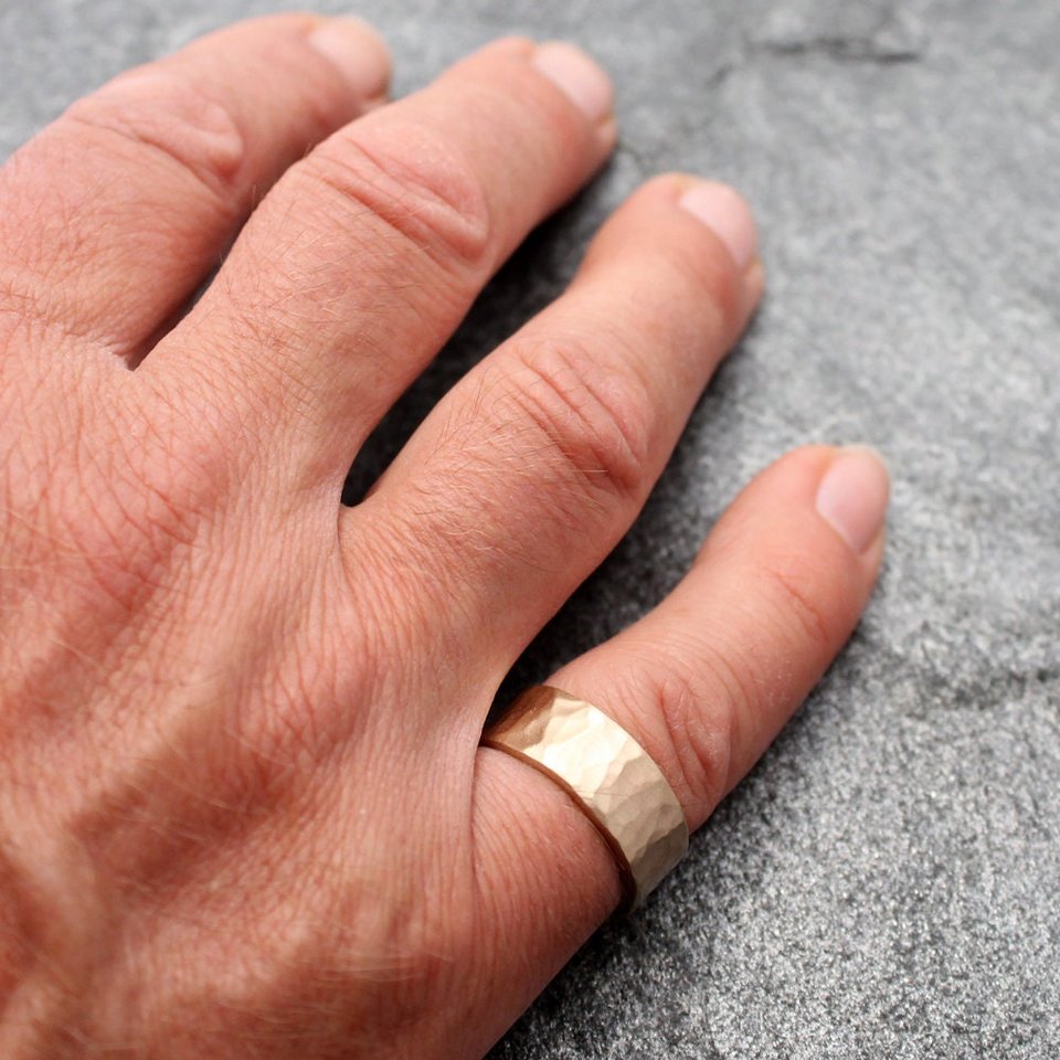 Hammered 14K Gold Wedding Band, 8mm Wide by 2mm Thick