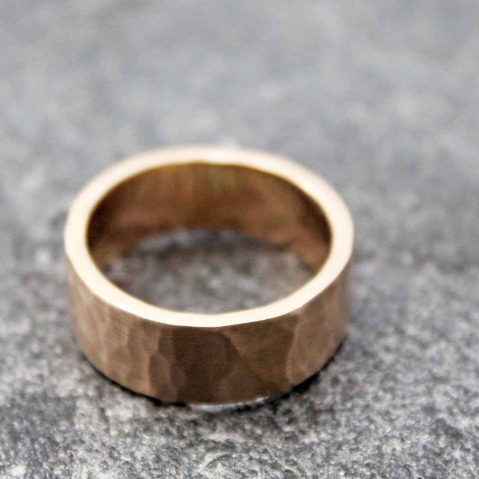 Hammered 14K Gold Wedding Band, 8mm Wide by 2mm Thick