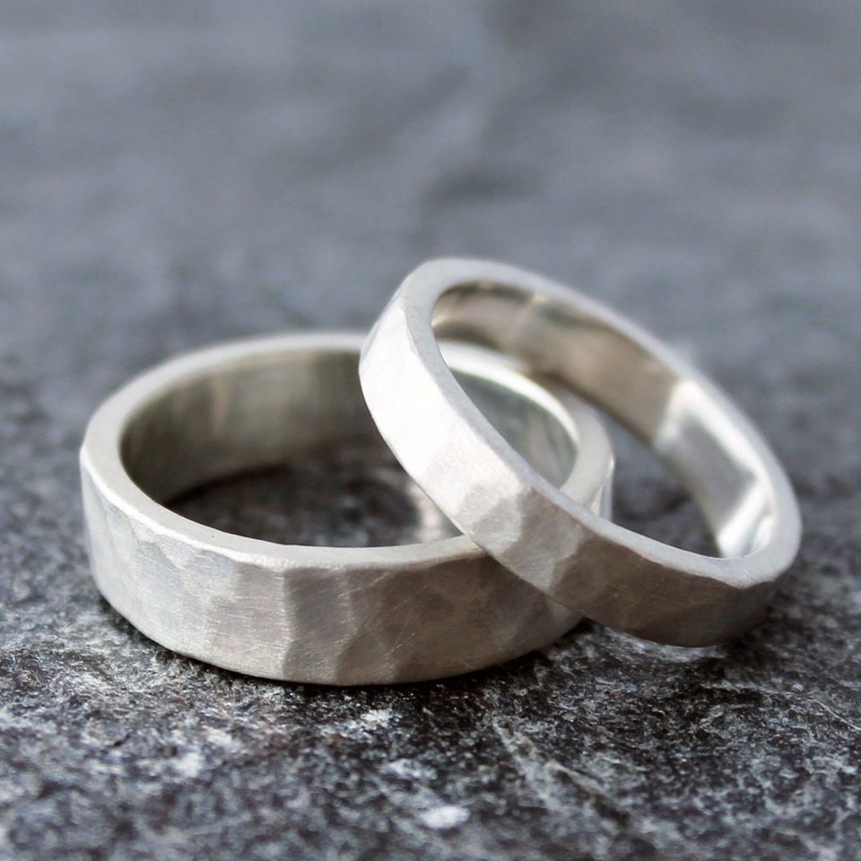 Artisan Hammered Sterling Silver Wedding Band Set, neva murtha jewelry, sunshine coast bc jewelry