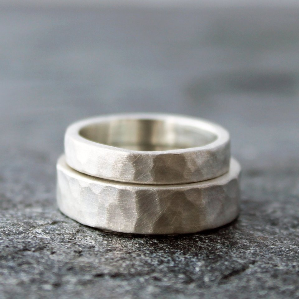 Artisan Hammered Sterling Silver Wedding Band Set, neva murtha jewelry, sunshine coast bc jewelry