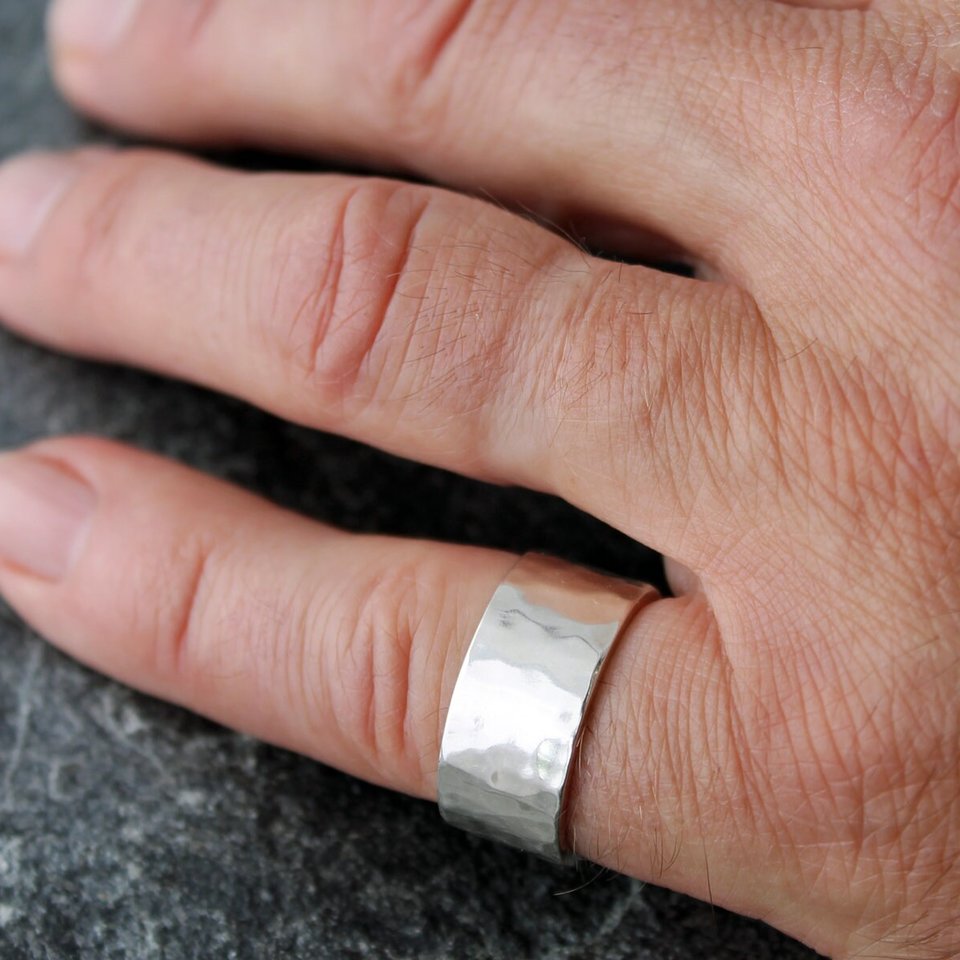 10mm Wide Hammered Sterling Silver Wedding Band