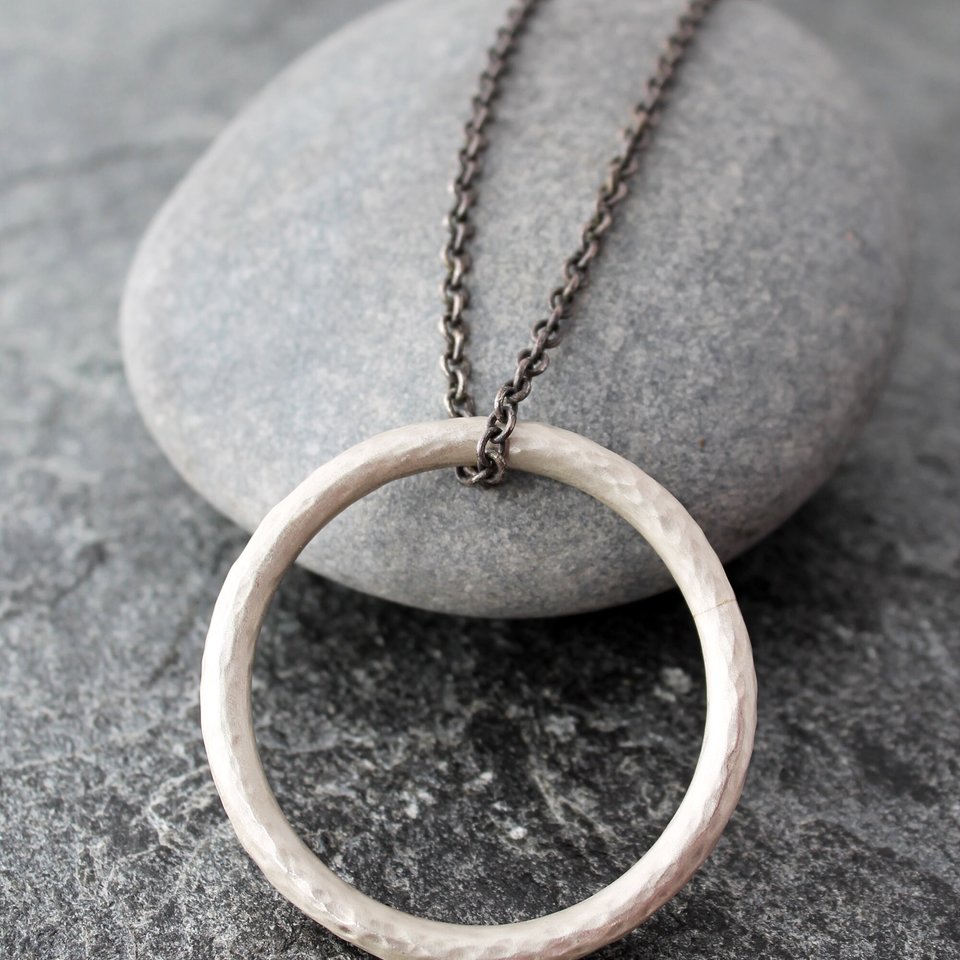 Artisan Hammered Sterling Silver Circle Necklace, neva murtha jewelry, sunshine coast bc jewelry