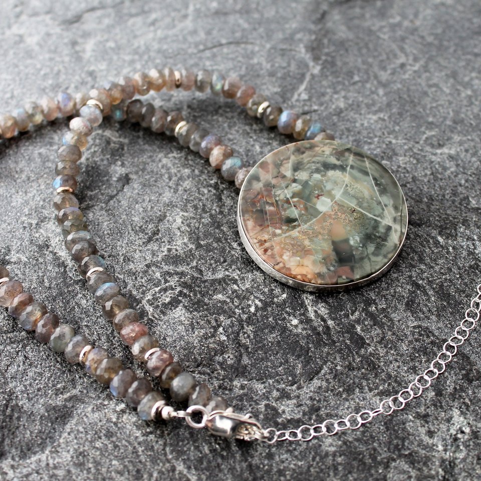 Morrisonite Jasper Moon Necklace with Labradorite and Silver