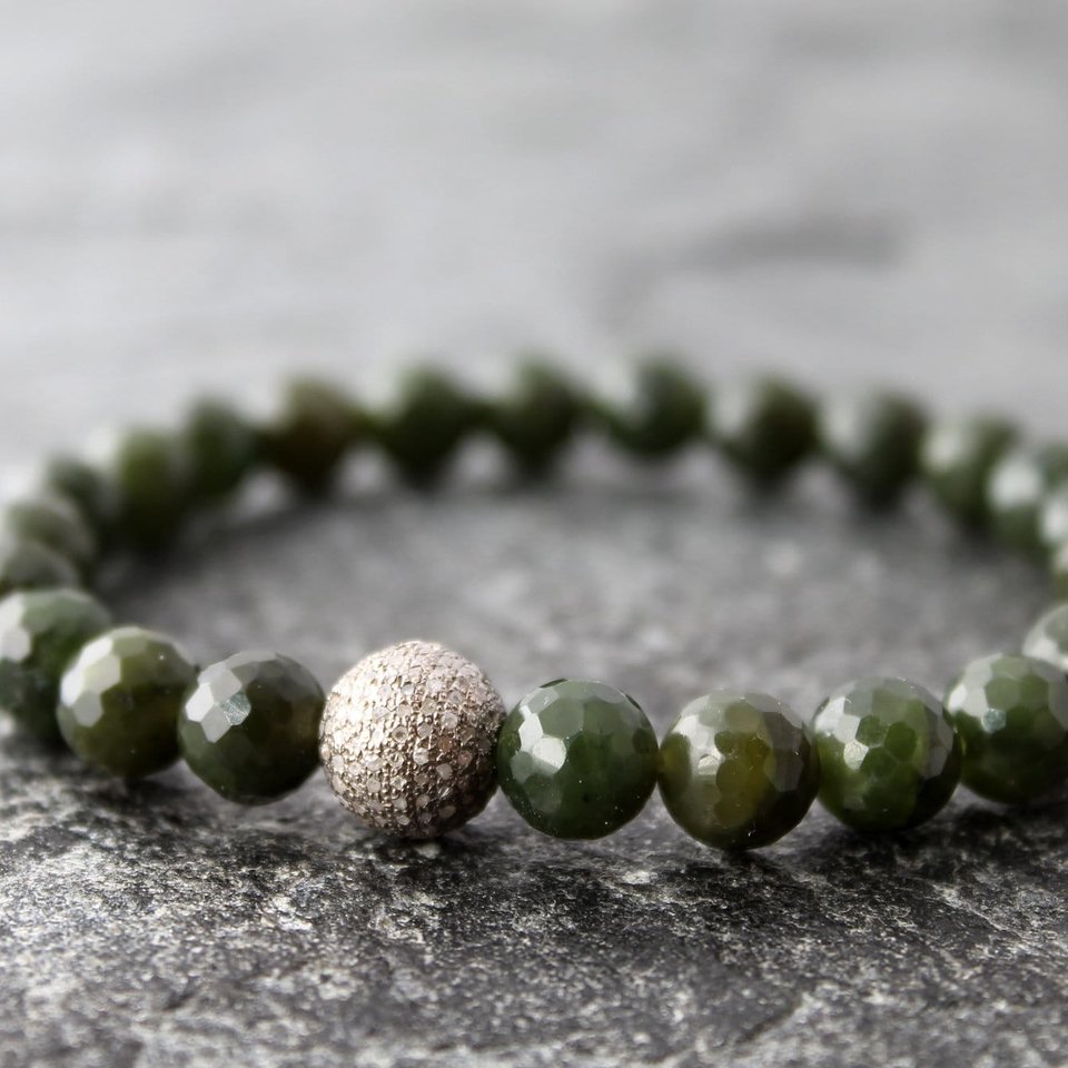 Nephrite Jade Stretch Bracelet with Pave Diamonds, 7" Wrist