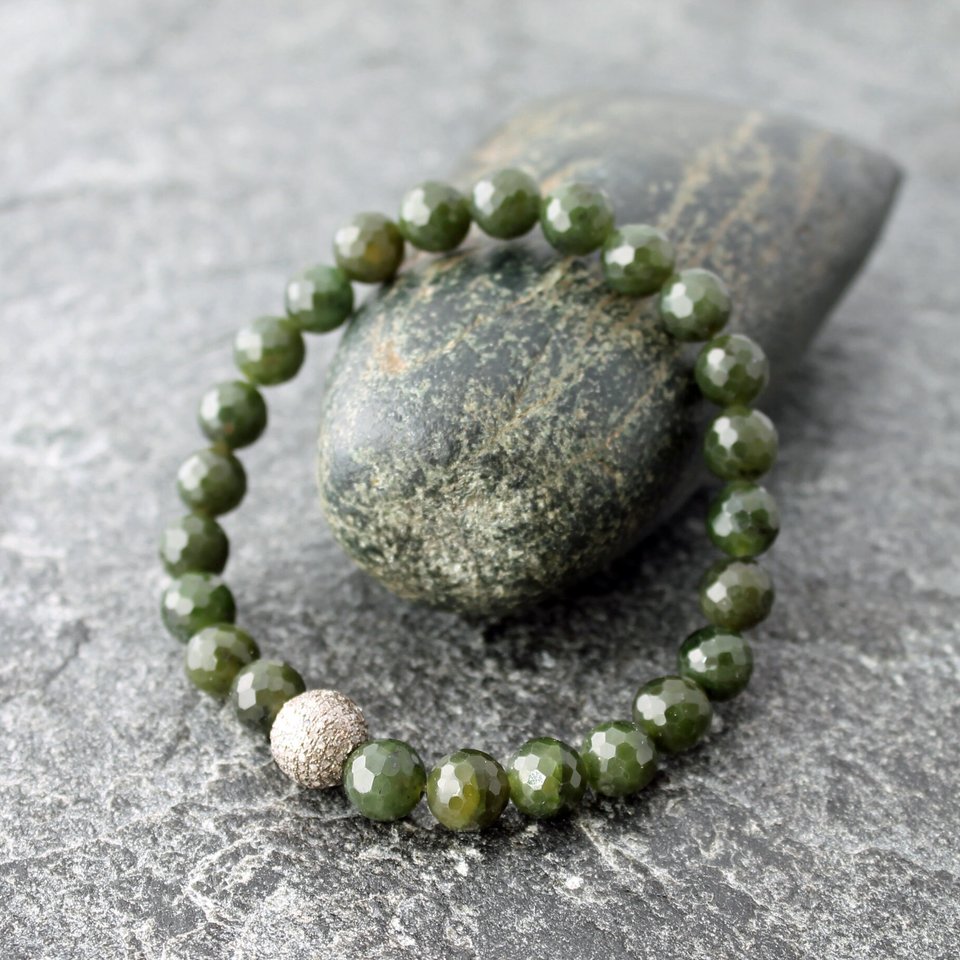 Nephrite Jade Stretch Bracelet with Pave Diamonds, 7" Wrist