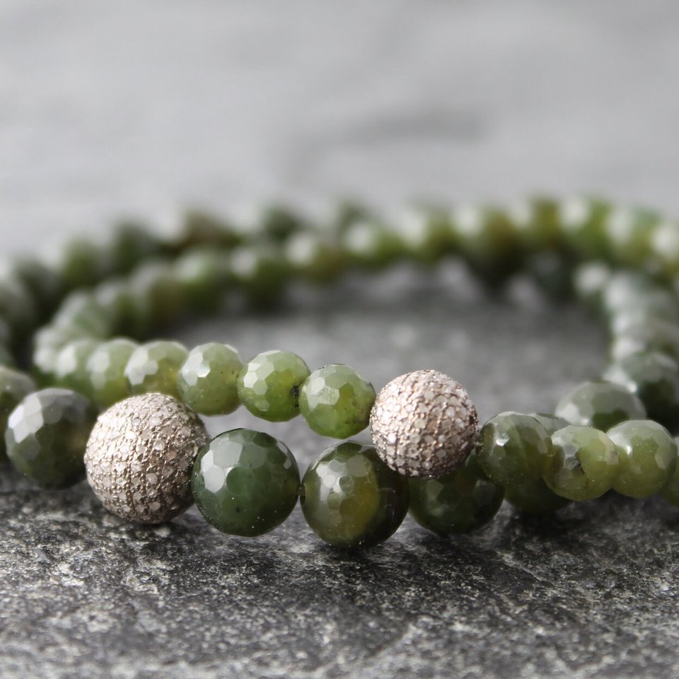 Nephrite Jade Stretch Bracelet with Pave Diamonds, 7" Wrist