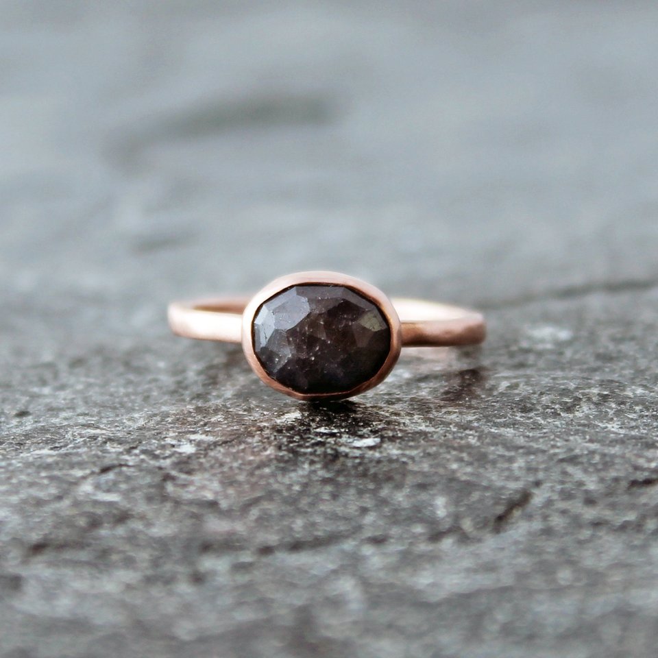 Chocolate Brown Sapphire Ring with 14k Rose Gold Hammered Band, US Size 7.5