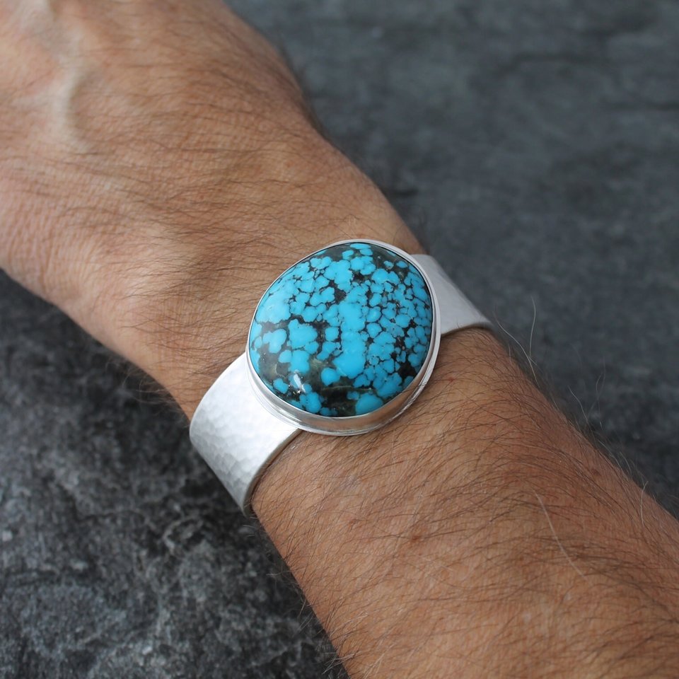 Kingman Ithaca Peak Turquoise Bracelet with Fine and Sterling Silver, Fits 6.5 to 7" Wrist