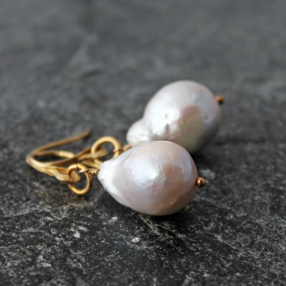 White Freshwater Flameball Baroque Pearl Earrings with Gold Vermeil