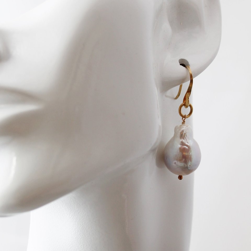 White Freshwater Flameball Baroque Pearl Earrings with Gold Vermeil