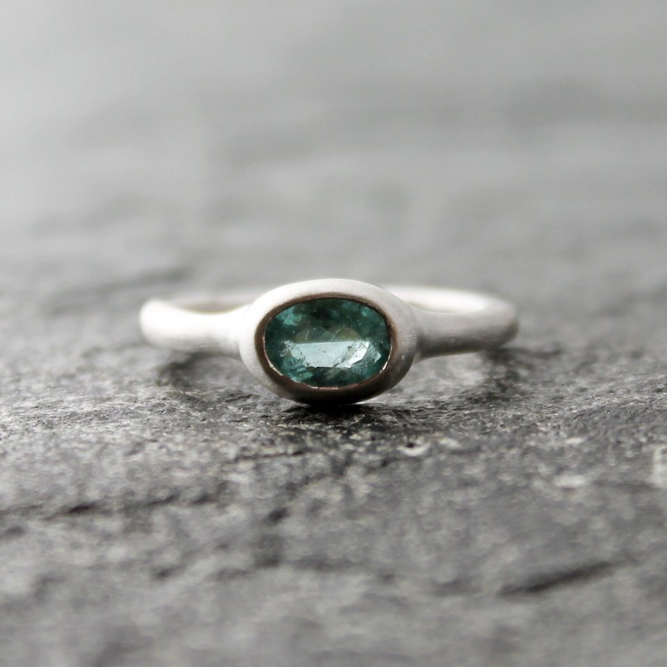 Blue Tourmaline Ring, Sterling Silver Band, Artisan Rustic Alternative Engagement Wedding Ring, Matte Satin Finish, US Size 8.25