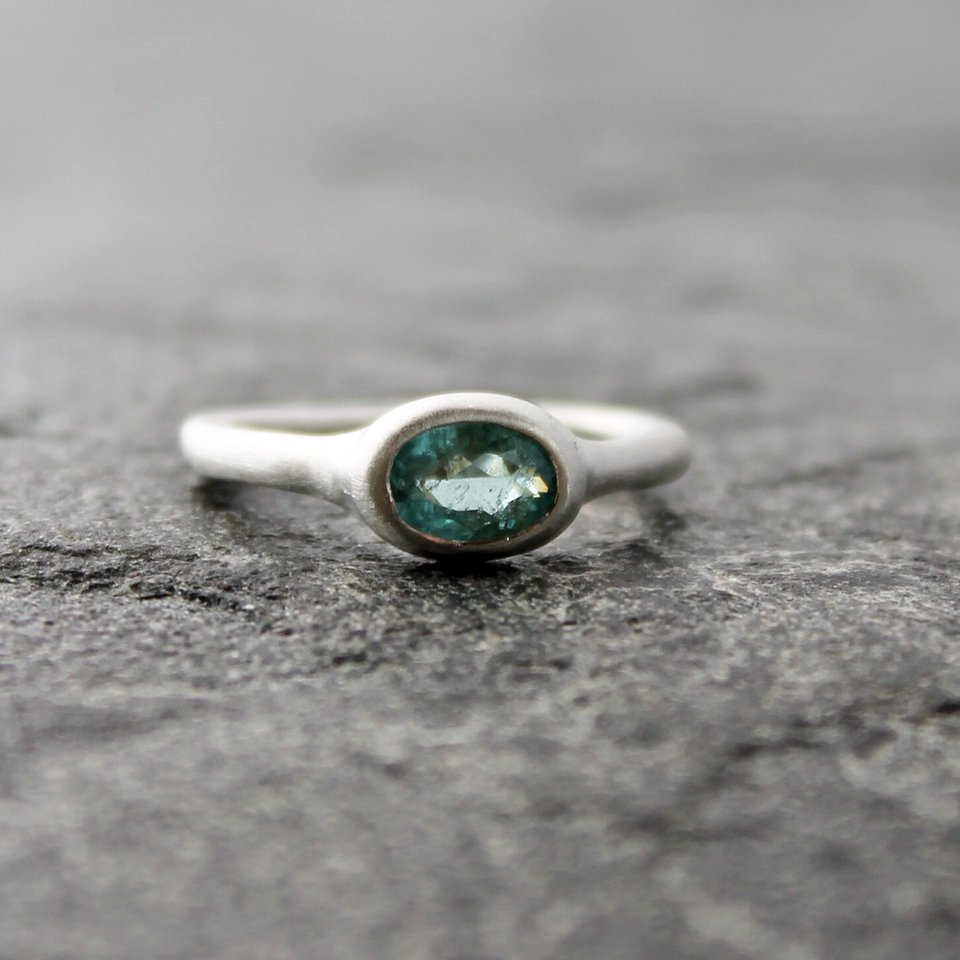 Blue Tourmaline Ring, Sterling Silver Band, Artisan Rustic Alternative Engagement Wedding Ring, Matte Satin Finish, US Size 8.25
