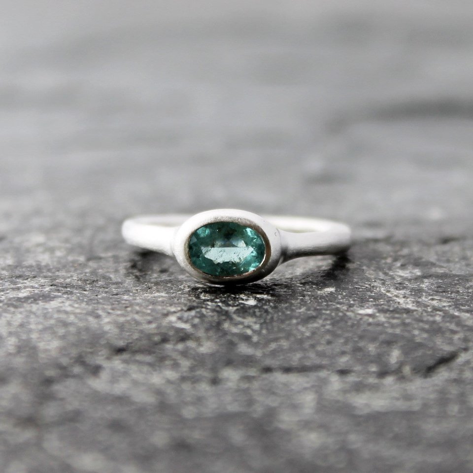 Blue Tourmaline Ring, Sterling Silver Band, Artisan Rustic Alternative Engagement Wedding Ring, Matte Satin Finish, US Size 8.25