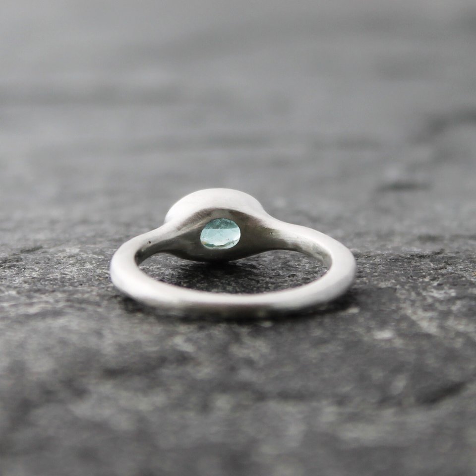 Blue Tourmaline Ring, Sterling Silver Band, Artisan Rustic Alternative Engagement Wedding Ring, Matte Satin Finish, US Size 8.25