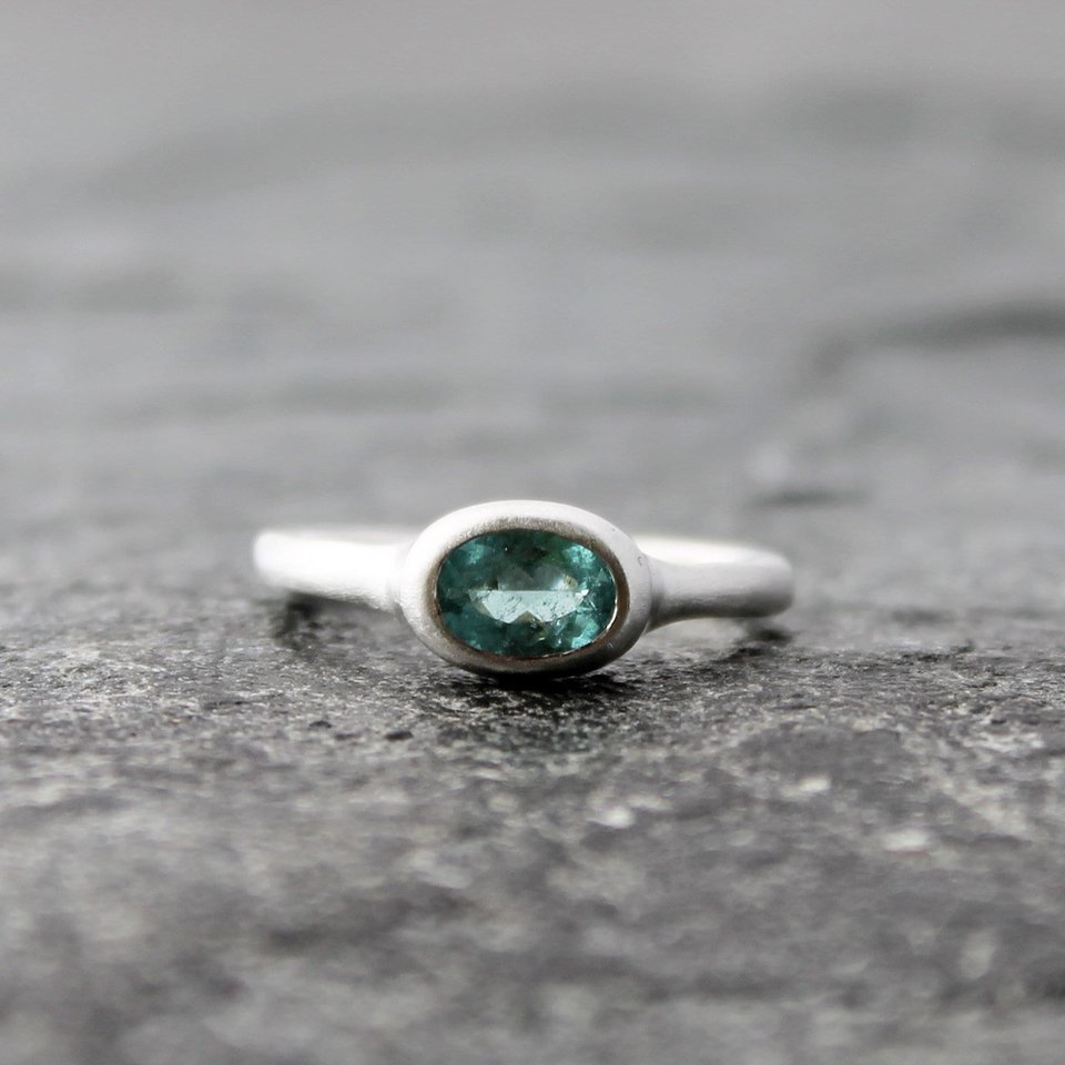 Blue Tourmaline Ring, Sterling Silver Band, Artisan Rustic Alternative Engagement Wedding Ring, Matte Satin Finish, US Size 8.25