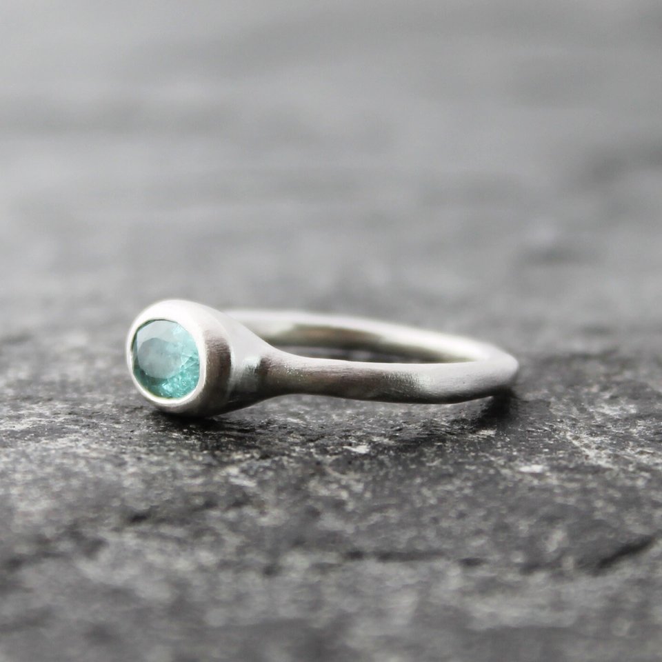 Blue Tourmaline Ring, Sterling Silver Band, Artisan Rustic Alternative Engagement Wedding Ring, Matte Satin Finish, US Size 8.25