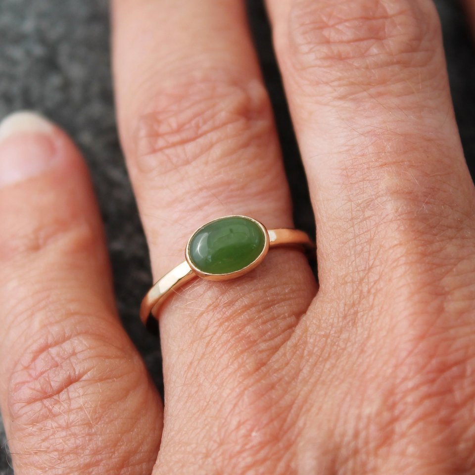 Canadian Nephrite Jade Ring with Hammered 14k Yellow Gold Band